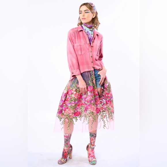 Aratta Pink Floral Embroidered Love Shirt Dress Crystal Button Boho Statement - Picture 6 of 14